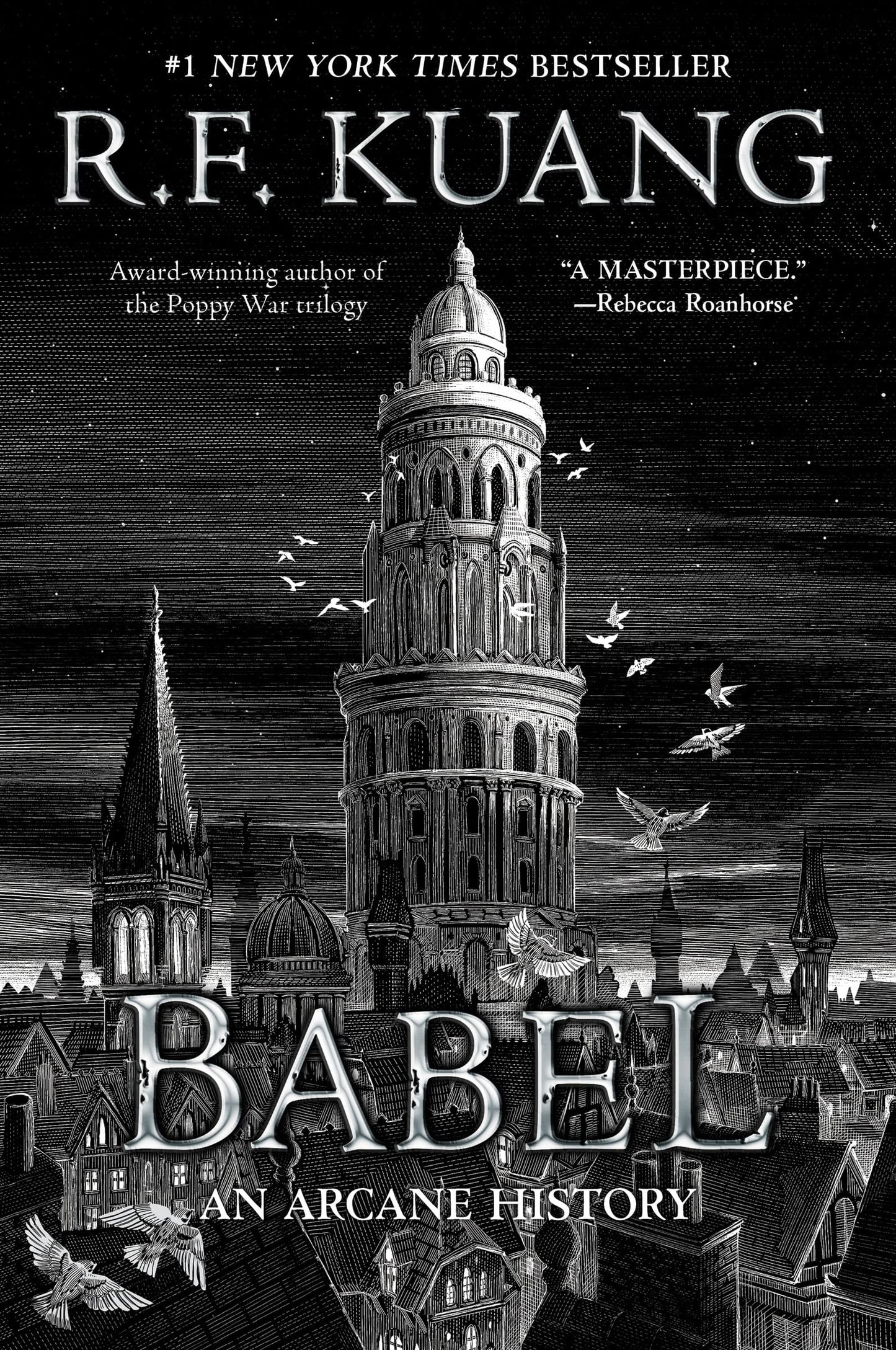 Book cover of 'Babel: An Arcane History' by R.F. Kuang featuring a tower and cityscape illustration.