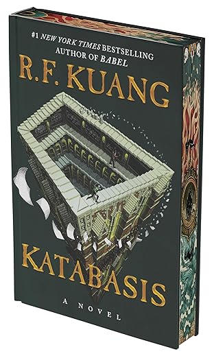 Book cover of 'Katabasis' by R.F. Kuang with architectural illustration on a dark background