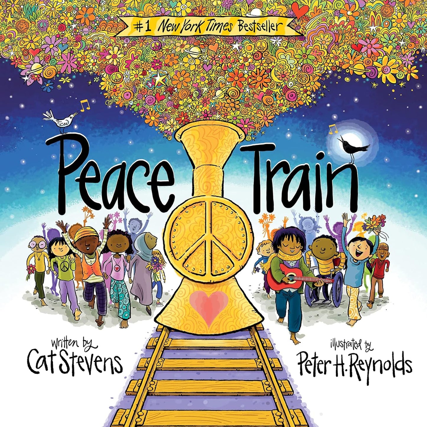 Cover of the children's picture book 'Peace Train' by Cat Stevens and Peter H. Reynolds, featuring illustrations of children and a train with a peace sign.