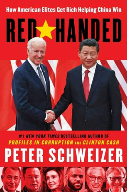 Book cover of Red Handed by Peter Schweizer featuring two men shaking hands with a red star and Chinese flag.
