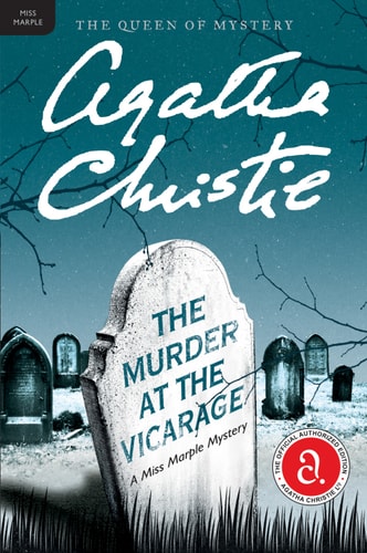 Book cover of 'The Murder at the Vicarage' featuring a tombstone and a village under a dark sky, indicating a mystery genre.