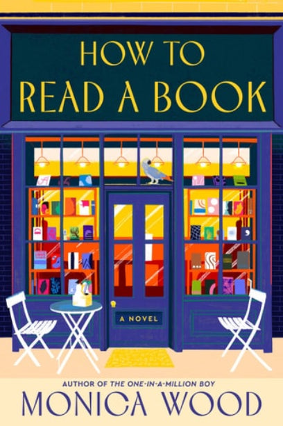 Book cover of 'How to Read a Book' by Monica Wood with a colorful bookstore illustration.