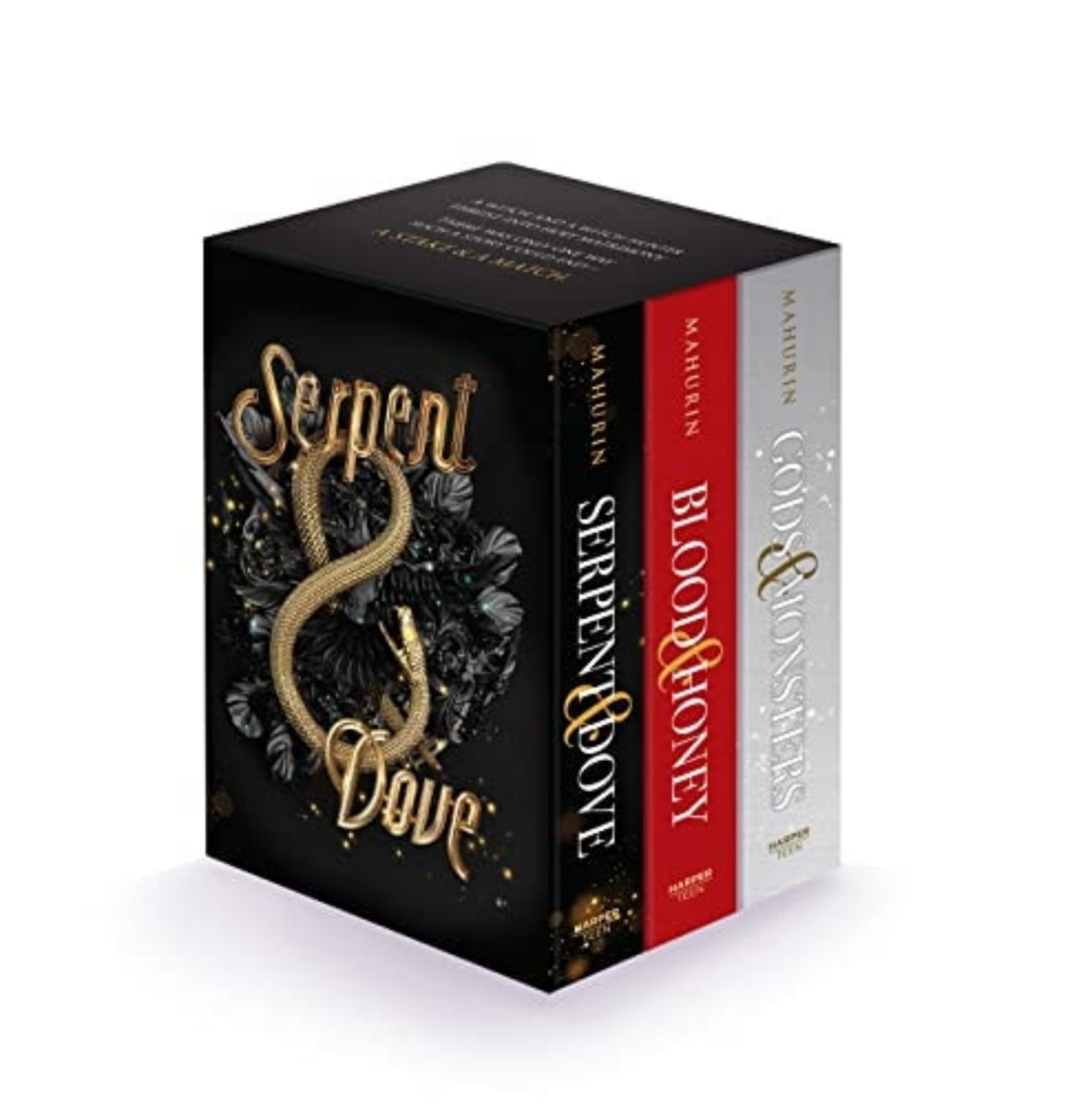 Box set of 'Serpent & Dove 3-Book Paperback Book Box Set by Shelby Mahurin' books with gold and red design on a white background