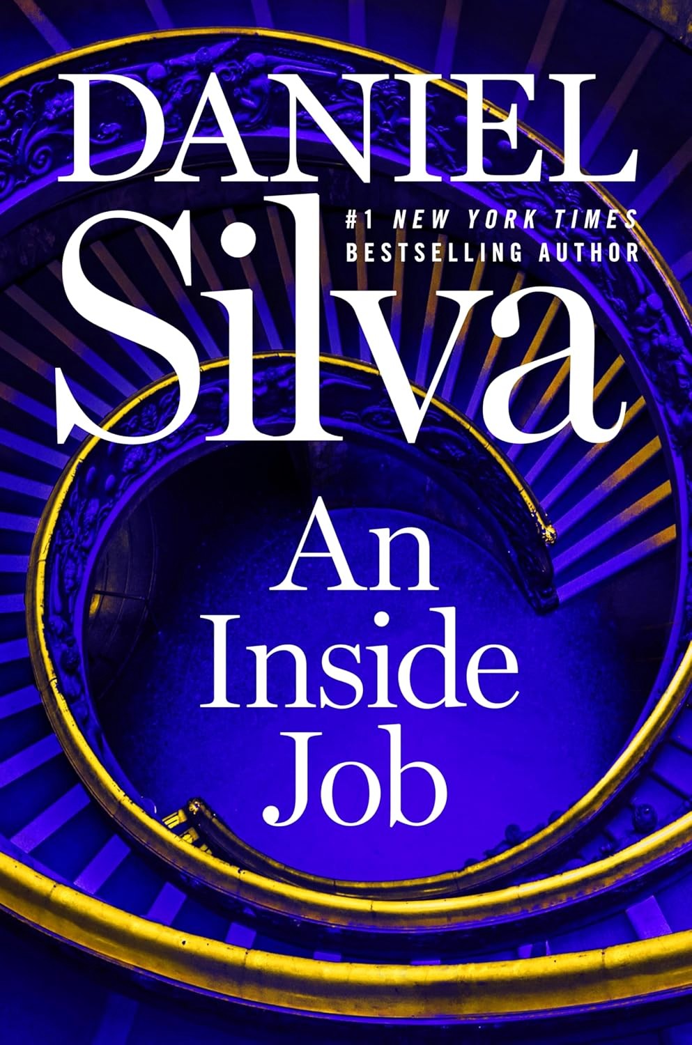 Book cover of 'An Inside Job' by Daniel Silva with a blue and purple color scheme.