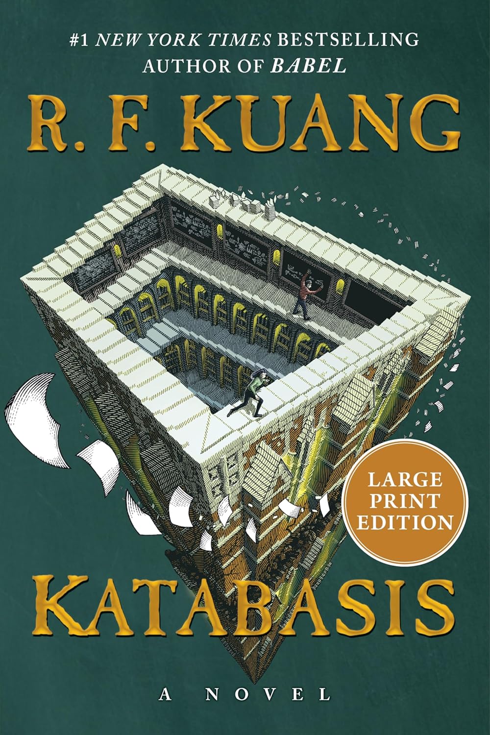 Book cover of 'Katabasis' by R. F. Kuang with a large print edition label on a green background.