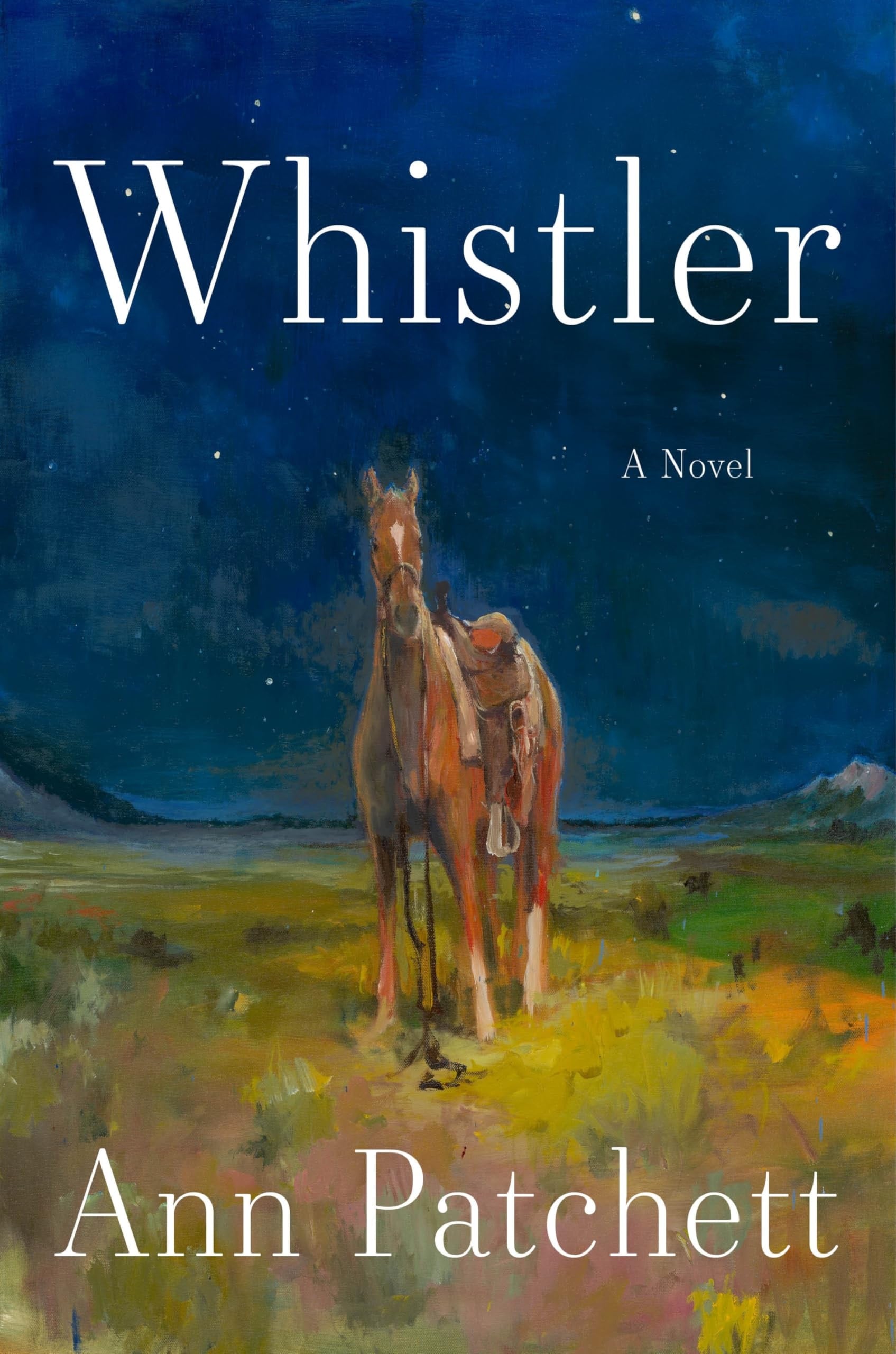 Book cover of 'Whistler' by Ann Patchett featuring a horse in a field with a night sky.