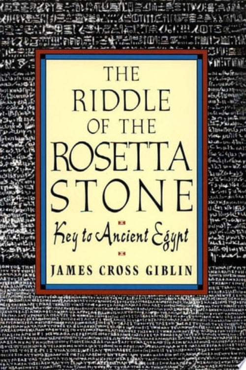 Book cover of 'The Riddle of the Rosetta Stone' by James Cross Giblin on a textured background.