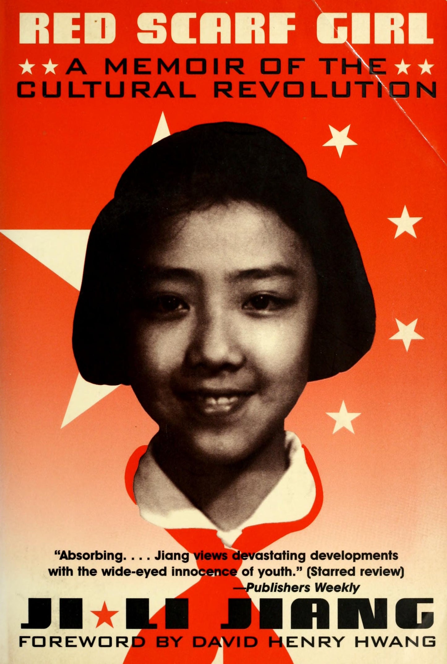 Book cover for 'Red Scarf Girl: A Memoir of the Cultural Revolution' by Ji Li Jiang, featuring a black-and-white portrait of a young girl against a red background with white stars and a red scarf.