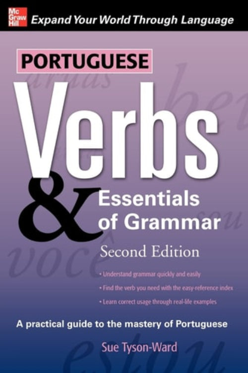 Cover of the book 'Portuguese Verbs and Essentials of Grammar' displaying the title and author's name, Sue Tyson-Ward, with a purple background.