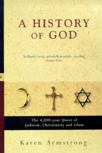 Book cover of 'A History of God' by Karen Armstrong, featuring a textured beige background with religious symbols of a crescent moon, cross, and Star of David, and a black banner near the bottom.