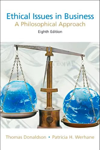 Book cover of 'Ethical Issues in Business' with a balance scale and world map design.