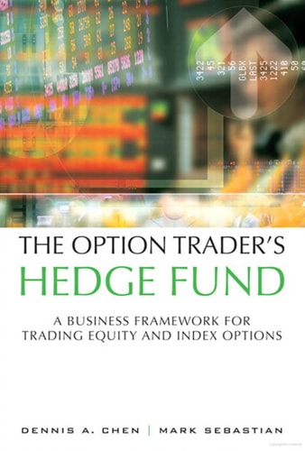 Book cover of 'The Option Trader's Hedge Fund' with stock market ticker in the background