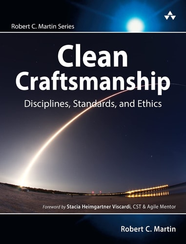 Book cover for 'Clean Craftsmanship: Disciplines, Standards, and Ethics' by Robert Martin with a starry sky and light trail design.