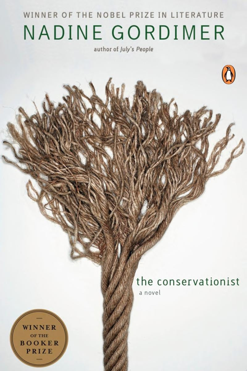 Book cover of 'The Conservationist' by Nadine Gordimer with a tree design and awards text.