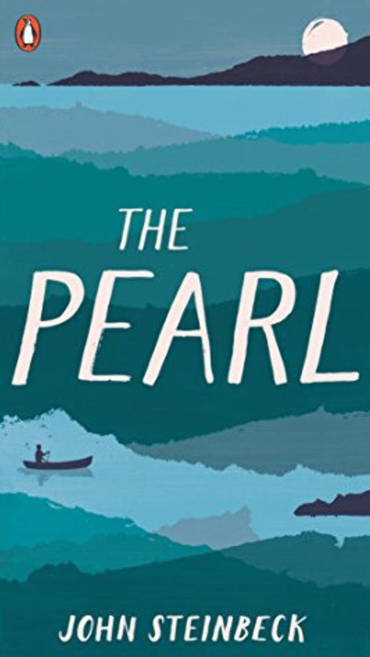 The cover of 'The Pearl' by John Steinbeck, featuring a stylized sea and moon image, with the title prominently displayed.