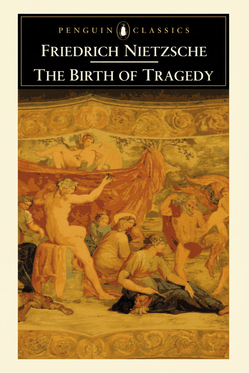 Cover of the book 'The Birth of Tragedy' by Friedrich Nietzsche, featuring artwork representing ancient Greek tragedy.