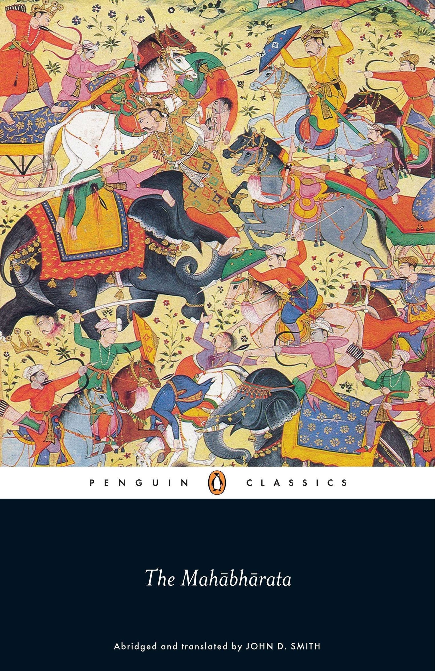 Book cover of 'The Mahabharata' with colorful illustrations of a battle scene.
