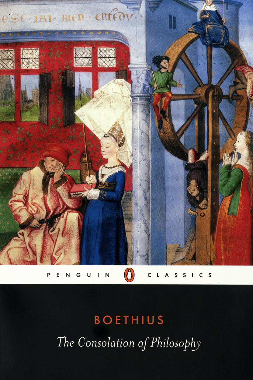 Book cover of 'The Consolation of Philosophy' by Boethius with classical illustration and red building.