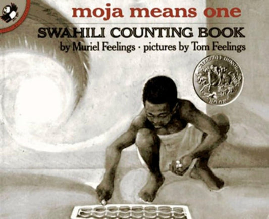 Cover of 'Moja Means One,' a children's book about Swahili counting, showing an illustration of a child with a container of beads.