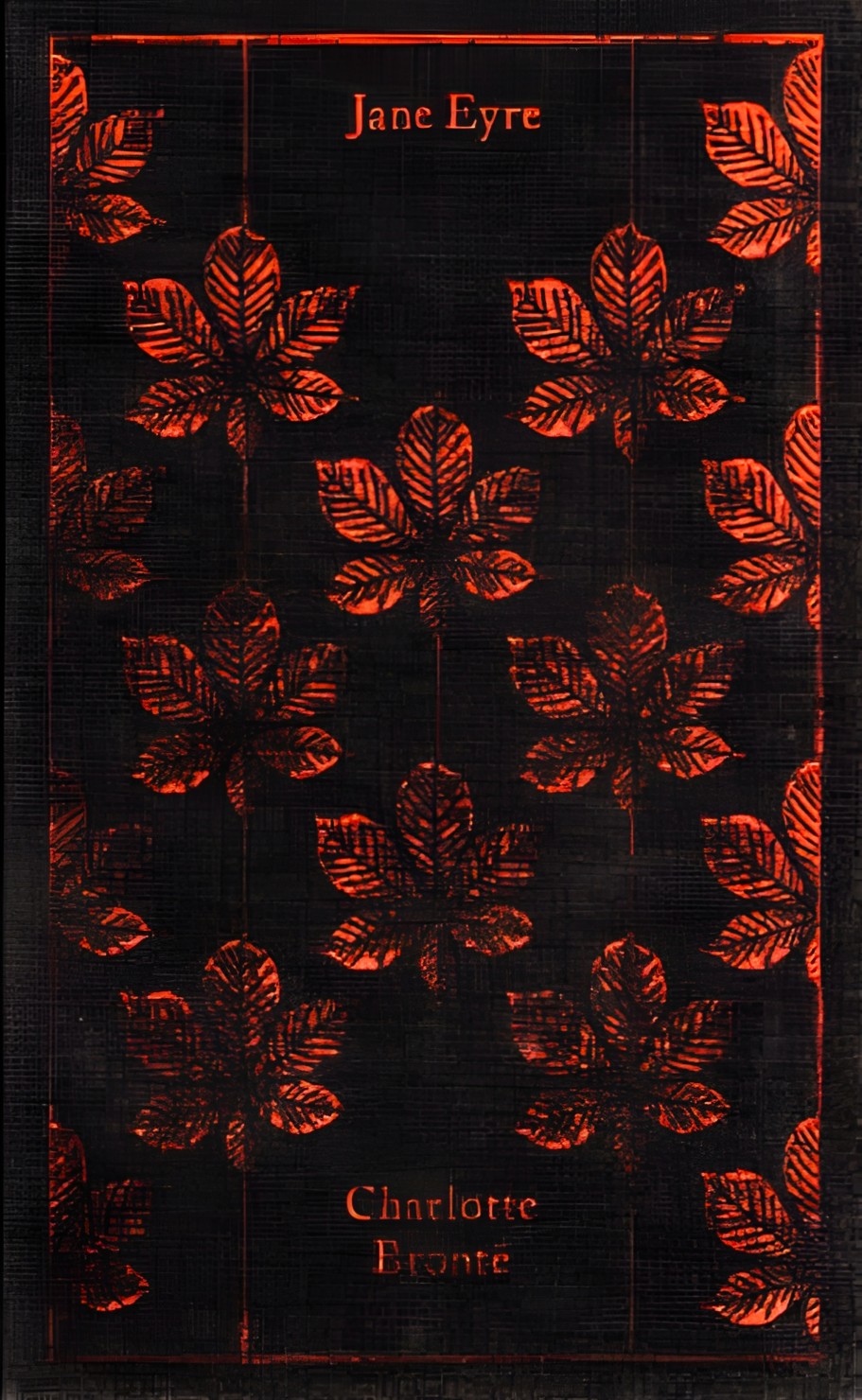 Cover of Jane Eyre by Charlotte Bronte, featuring a dark background with a pattern of red leaves and the title text in a lighter shade.