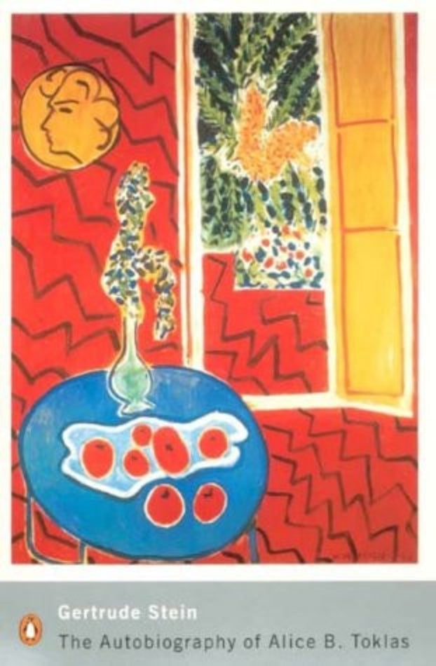 Book cover with abstract design and text 'The Autobiography of Alice B. Toklas' by Gertrude Stein, featuring a painting.