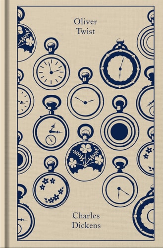 Cover of 'Oliver Twist' by Charles Dickens, featuring a pattern of pocket watches.