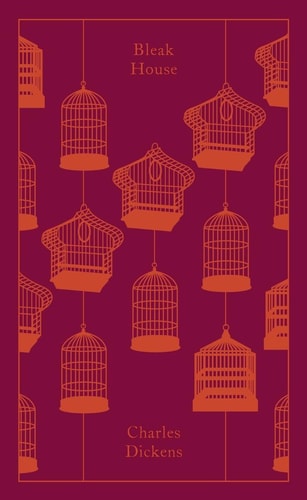 Cover of 'Bleak House' by Charles Dickens, featuring a pattern of bird cages on a red background.