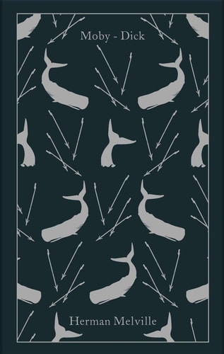 Cover of 'Moby-Dick: or, The Whale' by Herman Melville, featuring a black background with white whale illustrations and text.