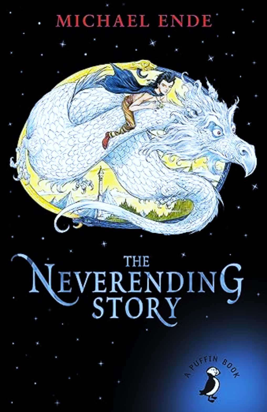The cover of 'The Neverending Story' book by Michael Ende, featuring an illustration of a boy reading a book, with a dragon and a magical fantasy landscape depicted in the background.