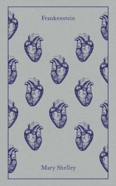 Cover of 'Frankenstein' by Mary Shelley, featuring a pattern of heart illustrations.