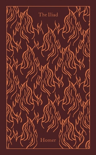 Cover of 'The Iliad' by Homer, featuring a red cloth binding with a pattern of orange flames and the title embossed on the spine.