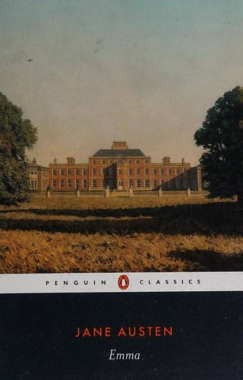 Cover of 'Emma' by Jane Austen, featuring a classical style house in the background with trees and a clear sky. The Penguin Classics logo is visible at the bottom.