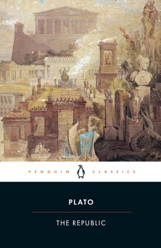 Cover of 'The Republic' by Plato, featuring an illustration of ancient cityscape with temples and a figure in the foreground.