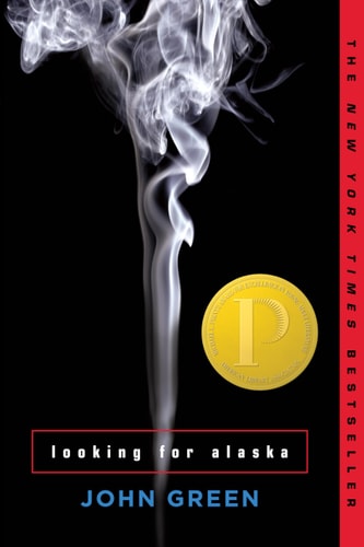 The cover of the book 'Looking for Alaska' by John Green features a image of smoke trails and a coin.