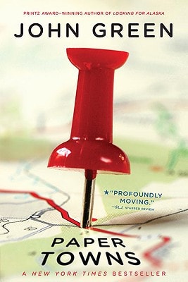Book cover of 'Paper Towns' by John Green featuring a red pushpin on a map.