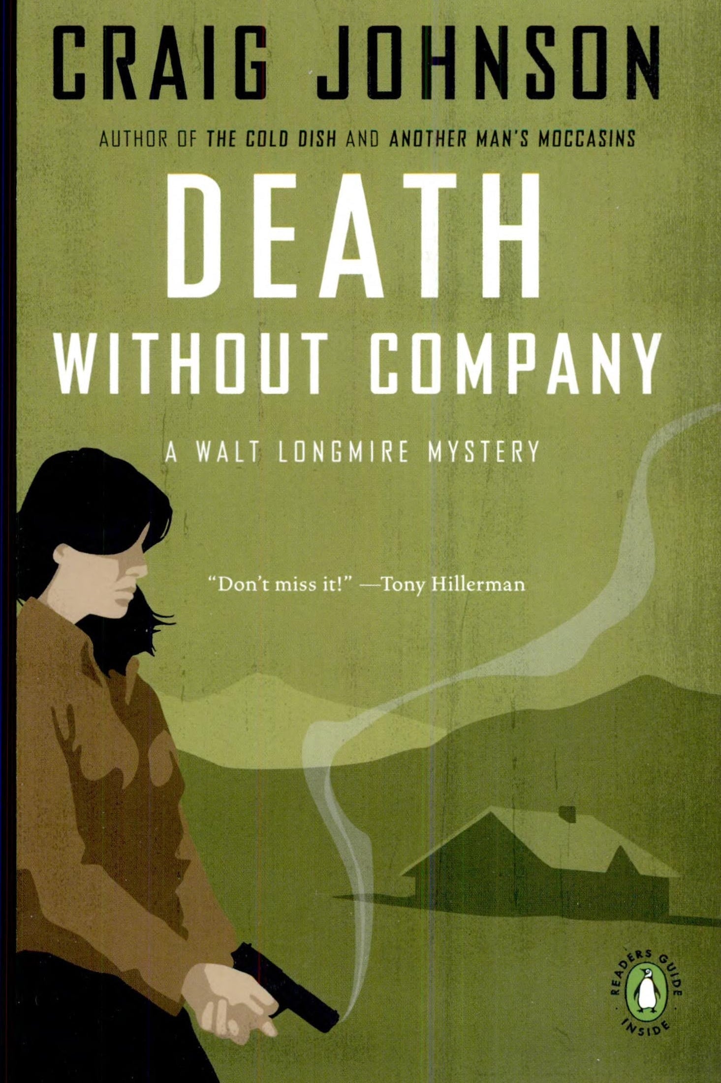 Book cover of 'Death Without Company' by Craig Johnson with a silhouette of a person holding a gun and a house in the background.