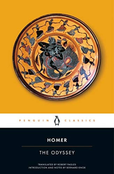 Book cover of 'The Odyssey' by Homer, translated by Robert Fagles, with a decorative plate design on a yellow background
