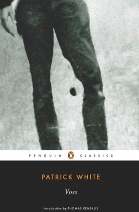 Book cover of 'Voss' by Patrick White with a black and white photo of a person's legs.