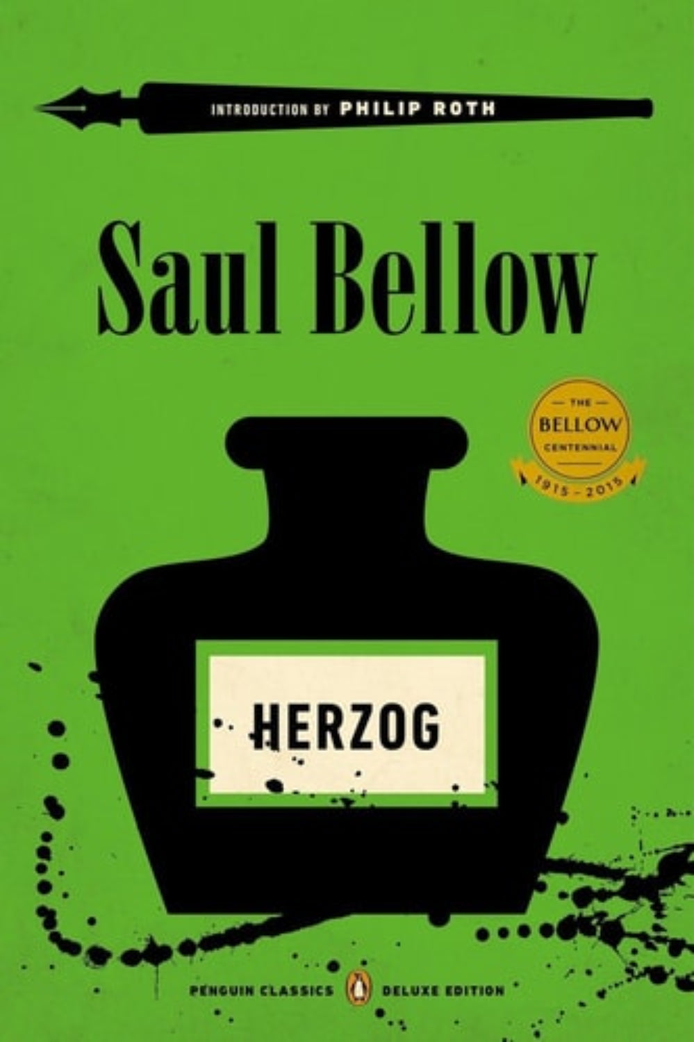 Book cover of 'Herzog' by Saul Bellow with a green background and black silhouette of a bottle.