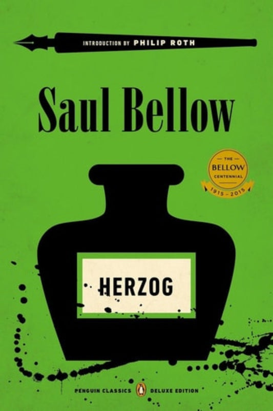 Book cover of 'Herzog' by Saul Bellow with a green background and black silhouette of a bottle.