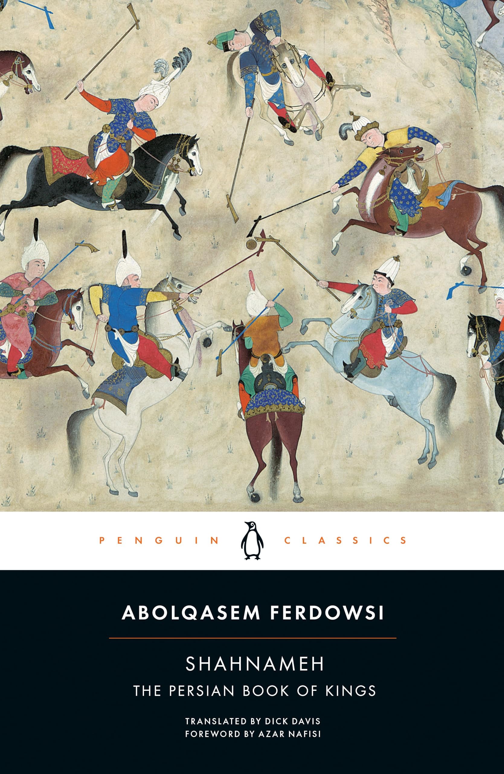 Book cover of 'Shahnameh: The Persian Book of Kings' by Abolqasem Ferdowsi with illustrations of horsemen on a beige background.