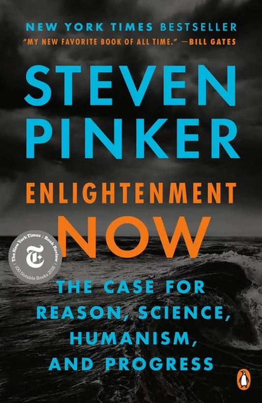 The cover of the book 'Enlightenment Now' by Steven Pinker features a dark, moody background with the author's name and the title in large, bold letters. The book's description and accolades, including being a New York Times bestseller, are listed below the title.