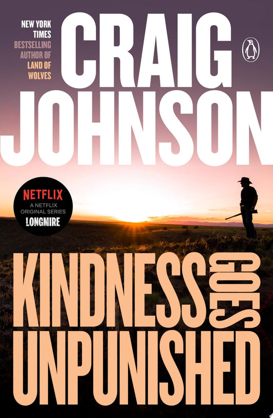 Book cover of 'Kindness Goes Unpunished' by Craig Johnson with a silhouette of a person and sunset landscape.