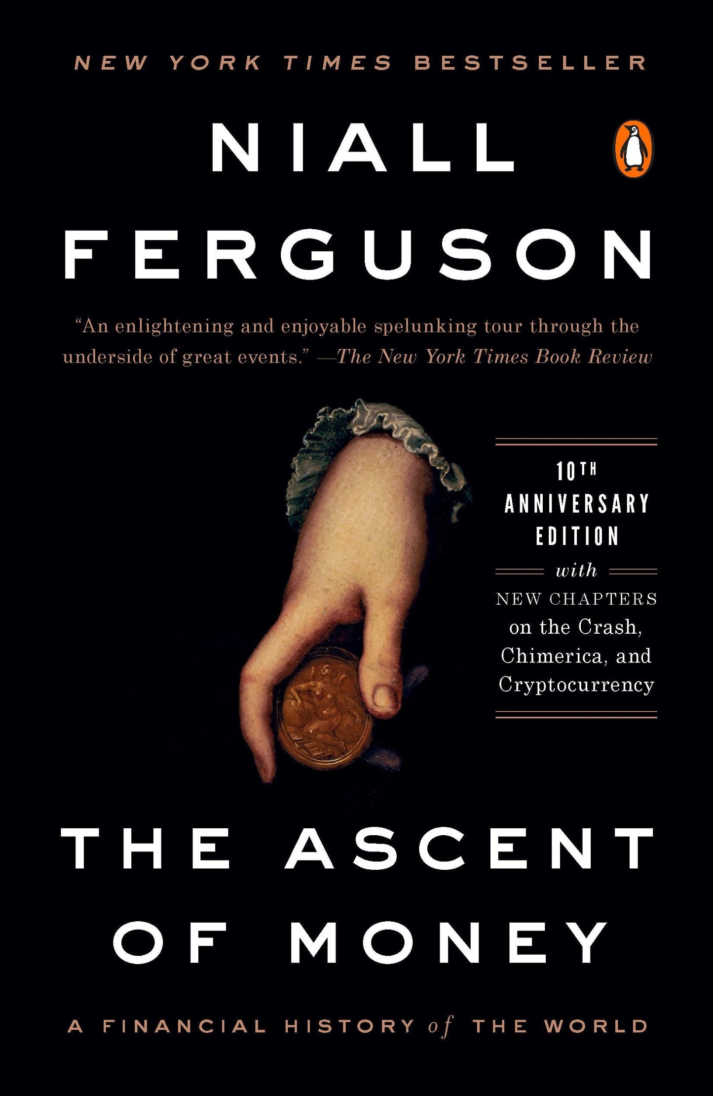 Book cover of 'The Ascent of Money' by Niall Ferguson with a hand holding money.