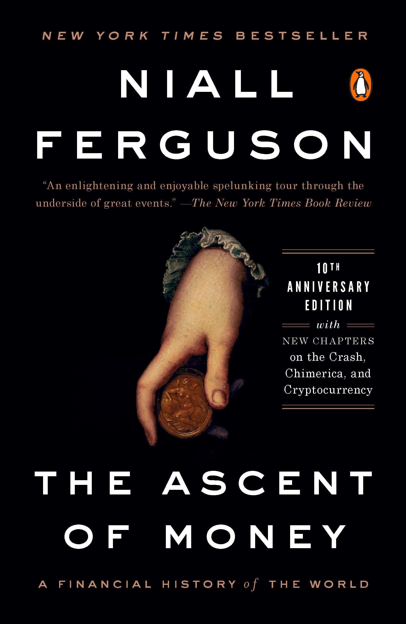 Book cover of 'The Ascent of Money' by Niall Ferguson with a hand holding money.