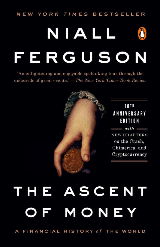 Book cover of 'The Ascent of Money' by Niall Ferguson with a hand holding money.