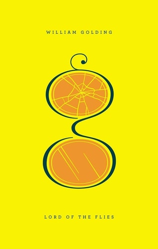 Book cover of 'Lord of the Flies' by William Golding with a yellow background and eye-like design.