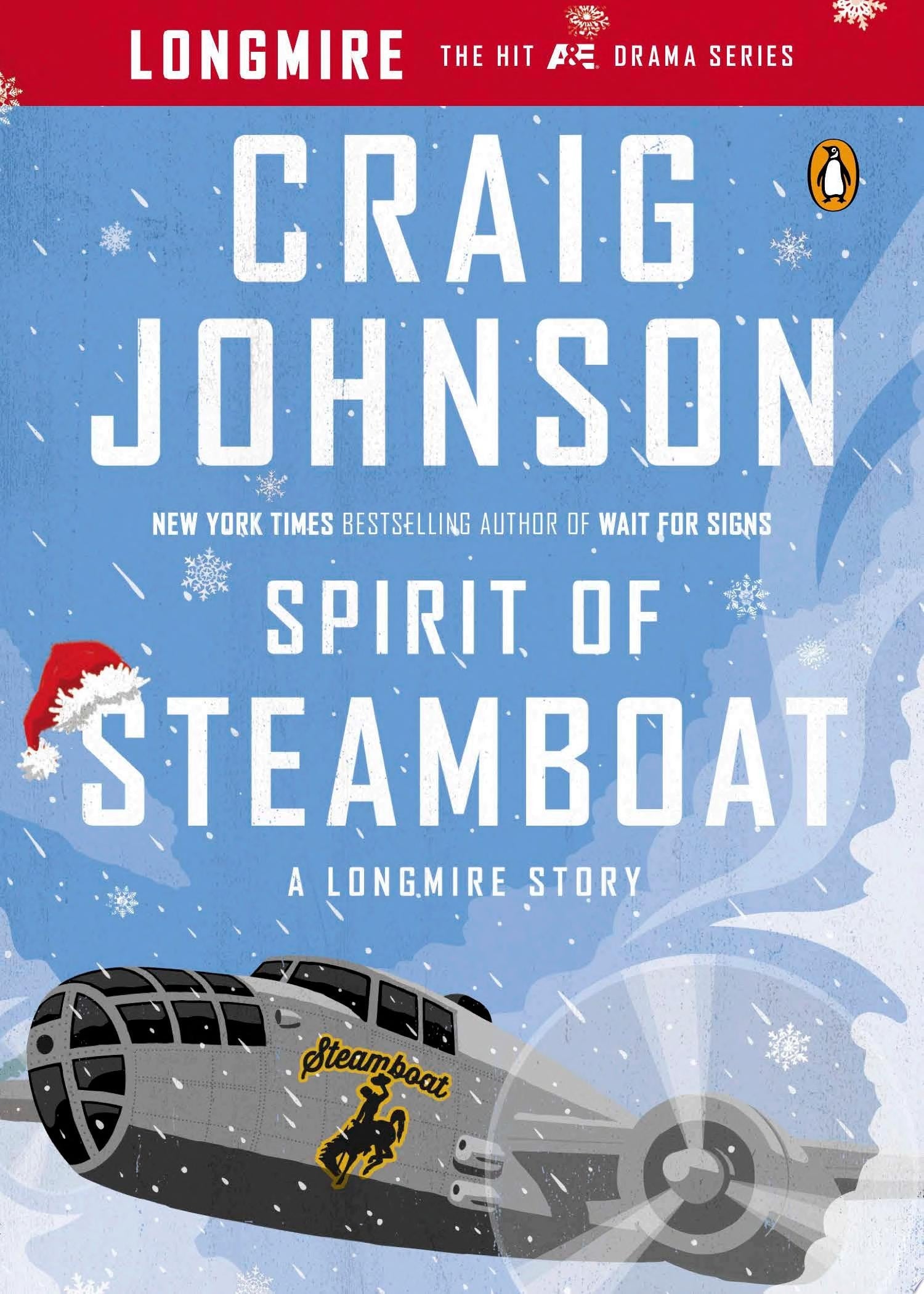 Book cover of 'Spirit of Steamboat' by Craig Johnson with a plane and Santa hat on a blue background.