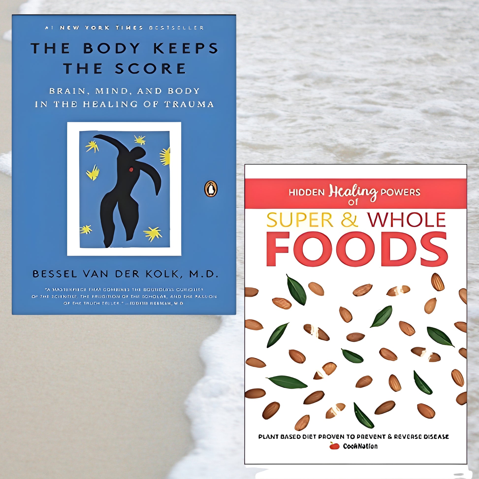 Two books on a textured surface, one titled 'The Body Keeps the Score' and the other 'Hidden Healing Powers of Super & Whole Foods'.