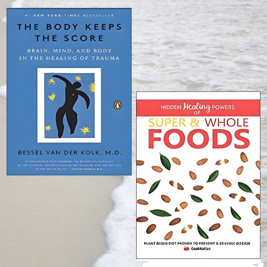 Two books on a textured surface, one titled 'The Body Keeps the Score' and the other 'Hidden Healing Powers of Super & Whole Foods'.
